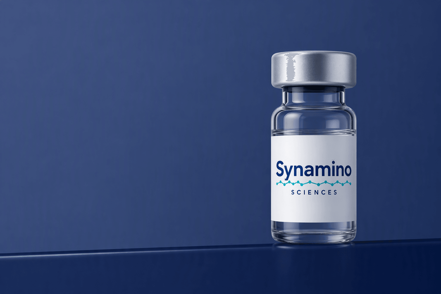 Synamino Sciences research vial with a silver cap on a navy background