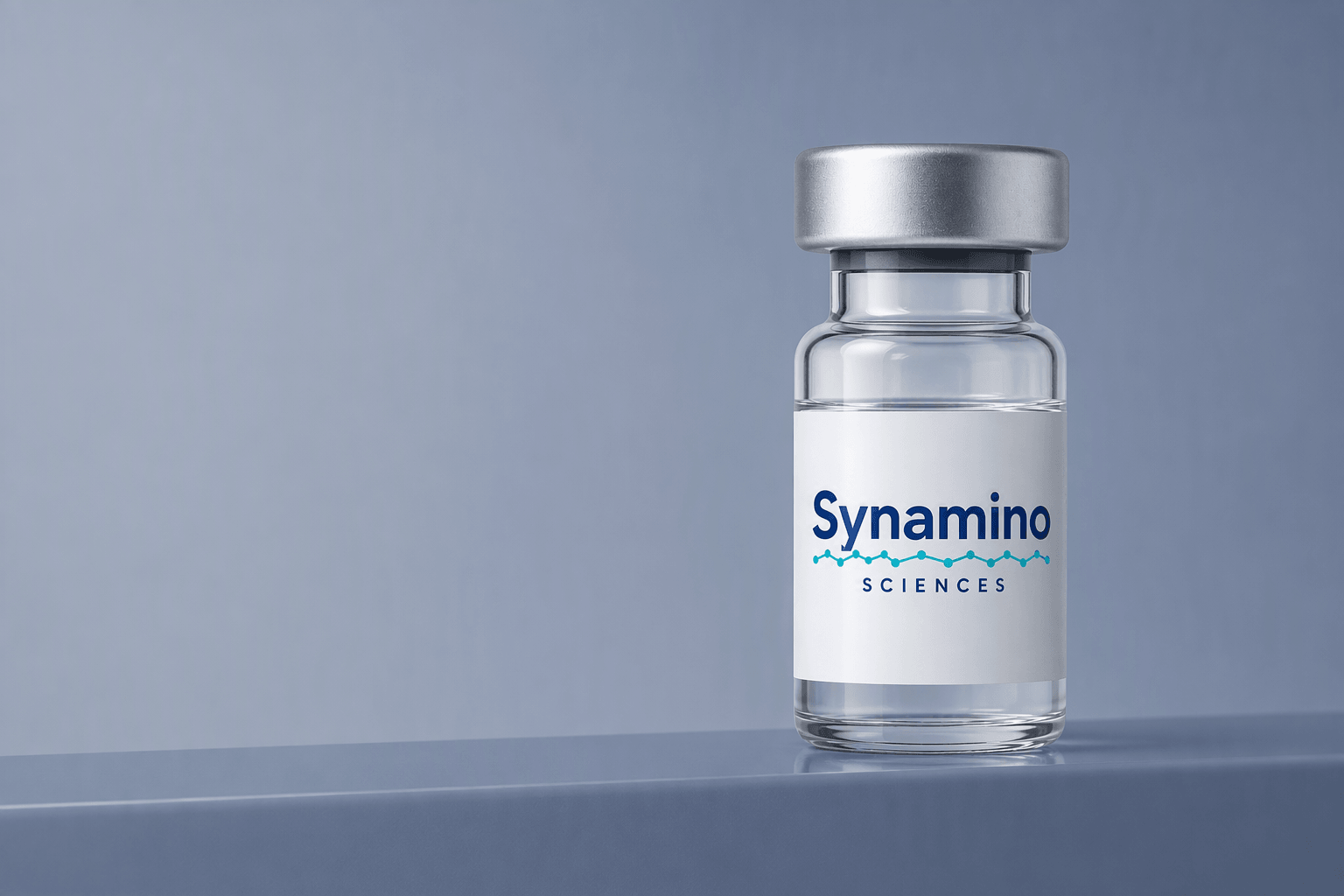 Synamino Sciences research vial with a silver cap on a slate-blue background